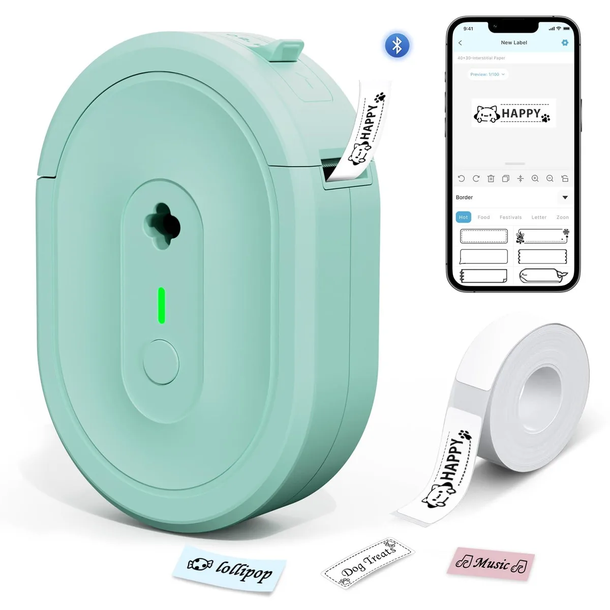 Compact white rectangular label printer with rounded edges and a small display window