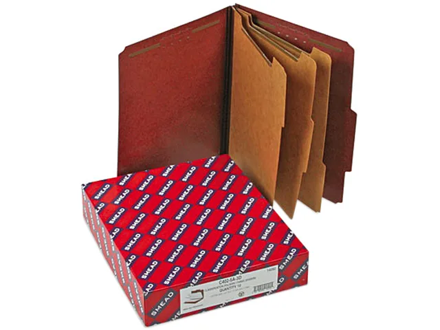 Red pressboard classification folder with eight sections and self-tab cover, box of 10
