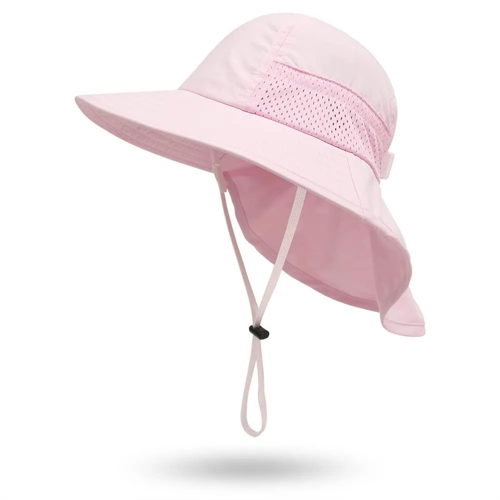 Pink baby sun hat with wide brim and adjustable chin strap