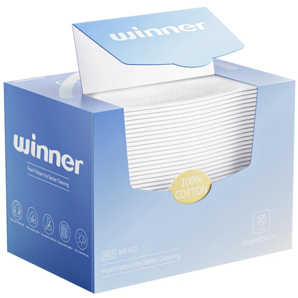 White disposable cotton face towels in rectangular pack, 55 count
