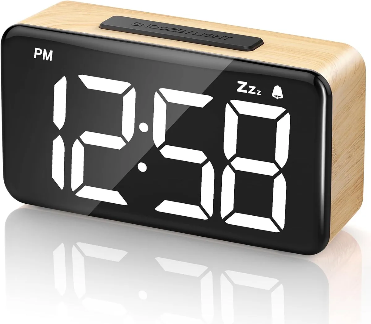 Rectangular oak digital alarm clock with large LED display