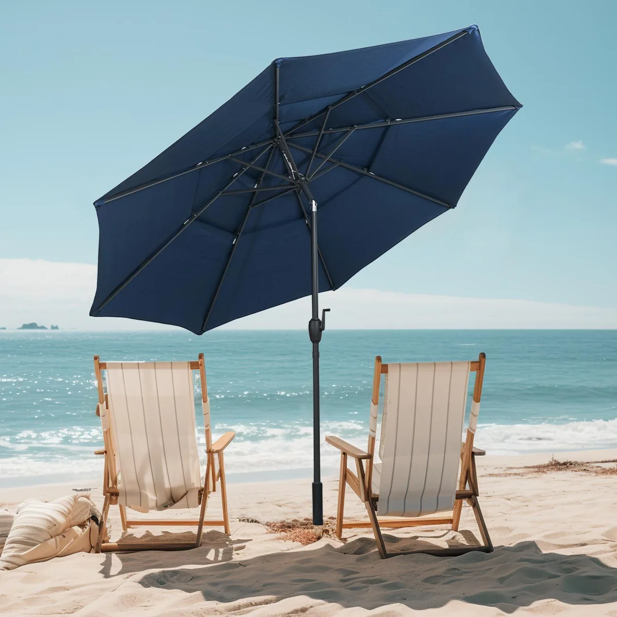 Navy three-tier vented patio umbrella with crank and push-button tilt
