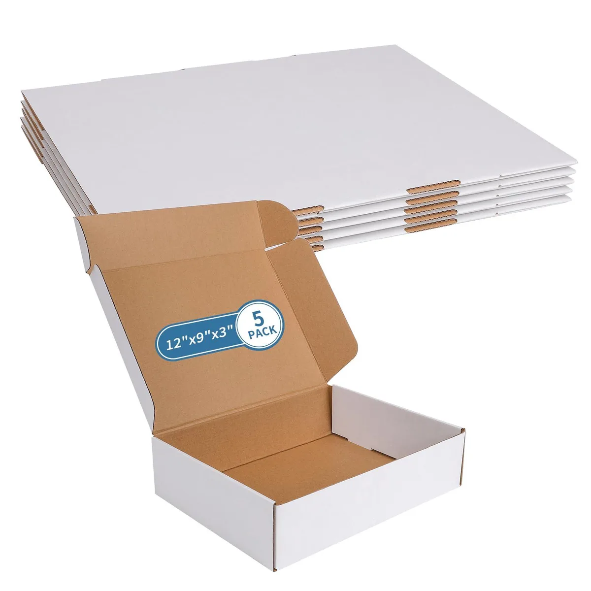  Fishat White Corrugated Cardboard Shipping Boxes 12" x 9" x 3" Set of 5 — product photo