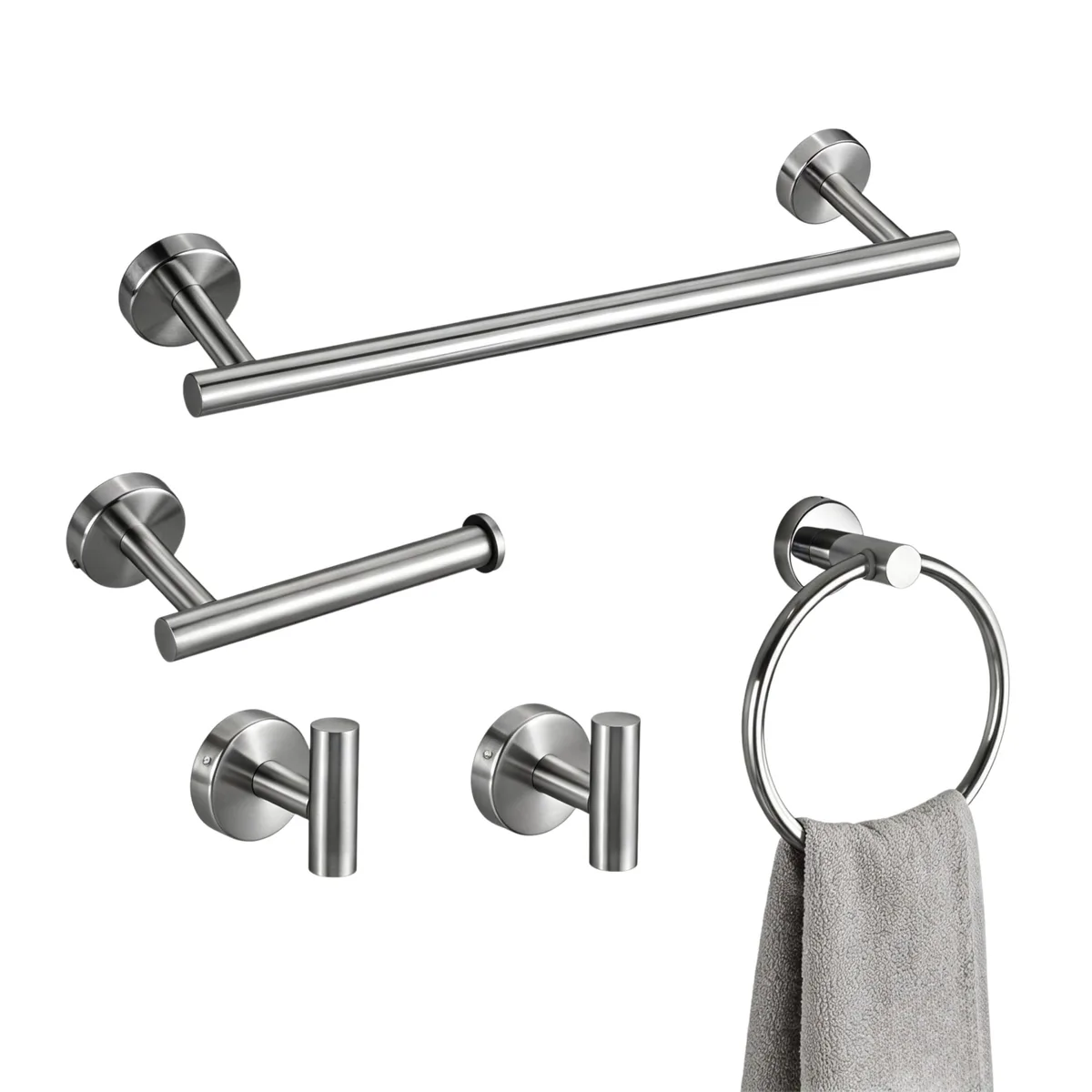 Silver 5-piece bathroom hardware set with 16 inch towel bar, hooks and toilet paper holder