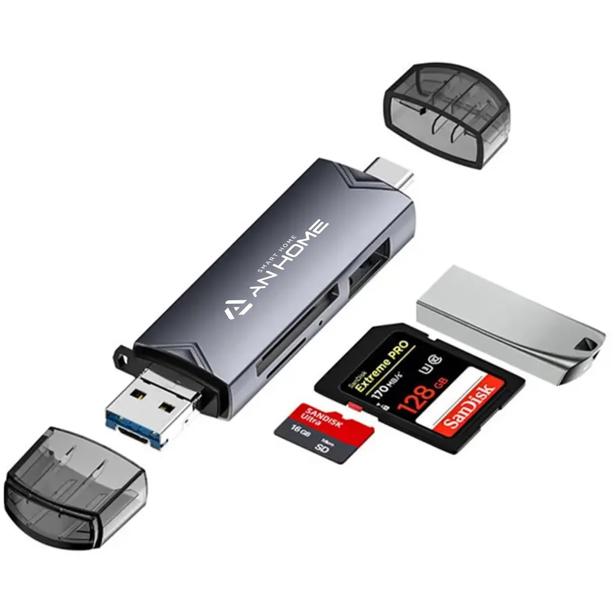 Compact metal card reader with USB-C, USB-A and micro-USB plugs plus SD and microSD slots