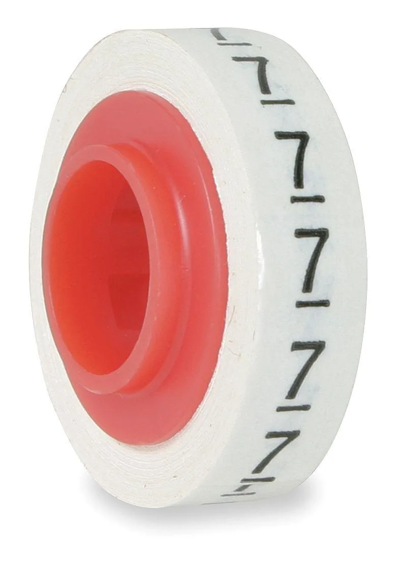 Compact refill roll of white polyester labels printed with black number 7, self-adhesive backing