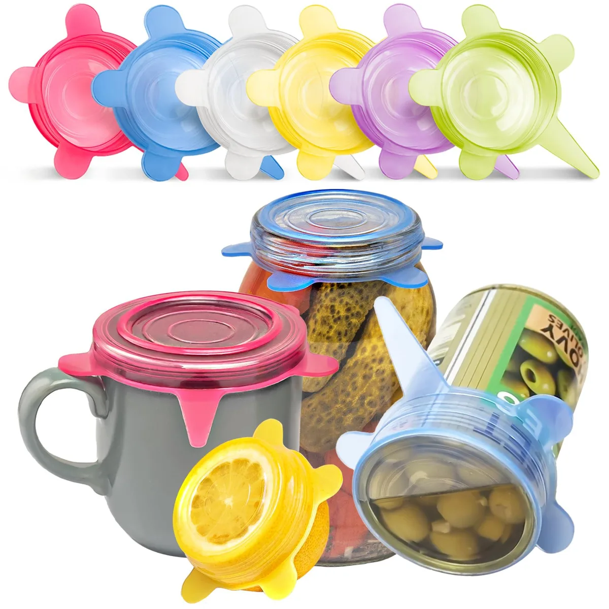 Six small round silicone stretch lids in assorted colours, each 2.6 inches diameter