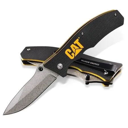 Black and yellow folding knife with textured G-10 handle and stonewashed drop-point blade