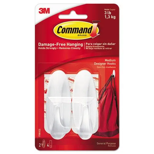 Two white plastic medium hooks with four adhesive strips on a card