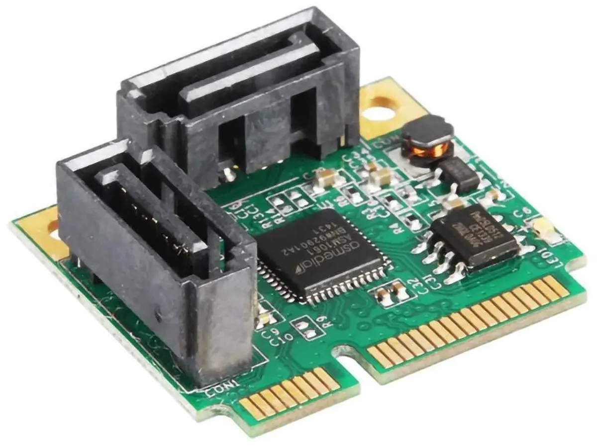 Small green circuit board with two black SATA ports and a Mini PCI-E edge connector