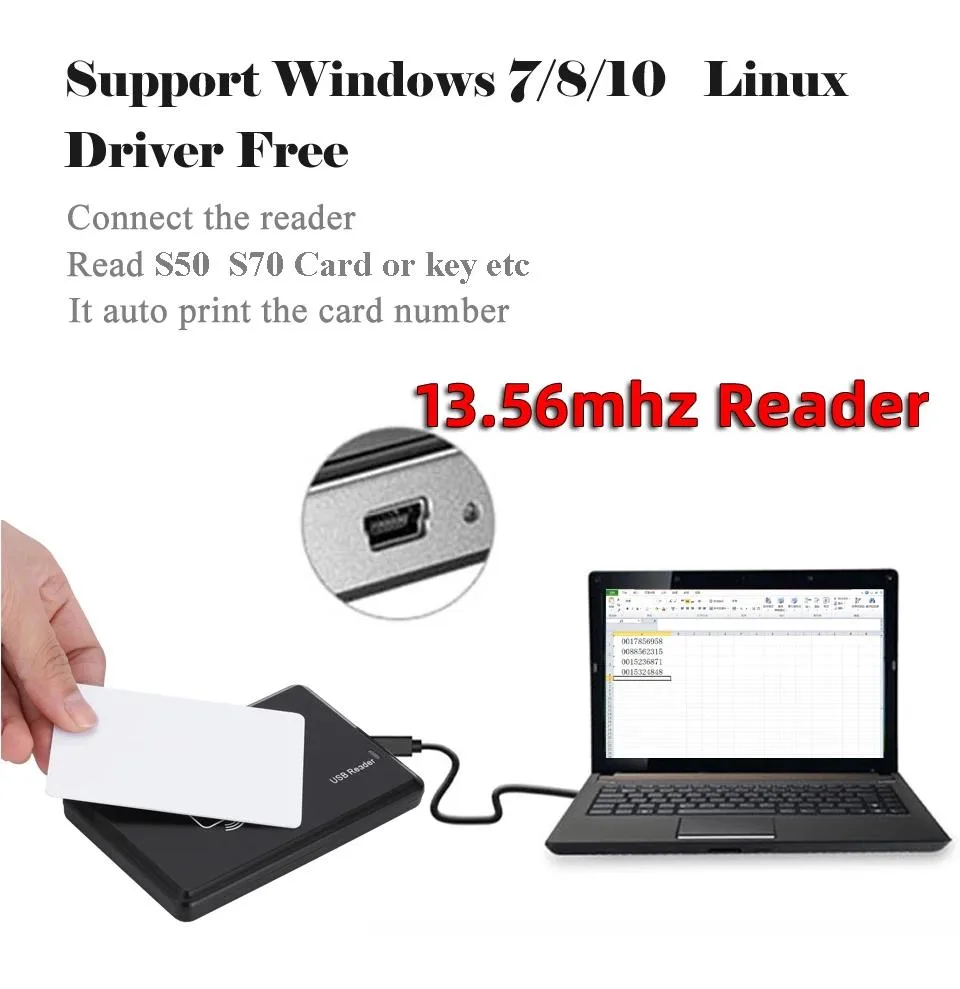 Compact black RFID reader with USB cable, dual-frequency labels on matte plastic housing