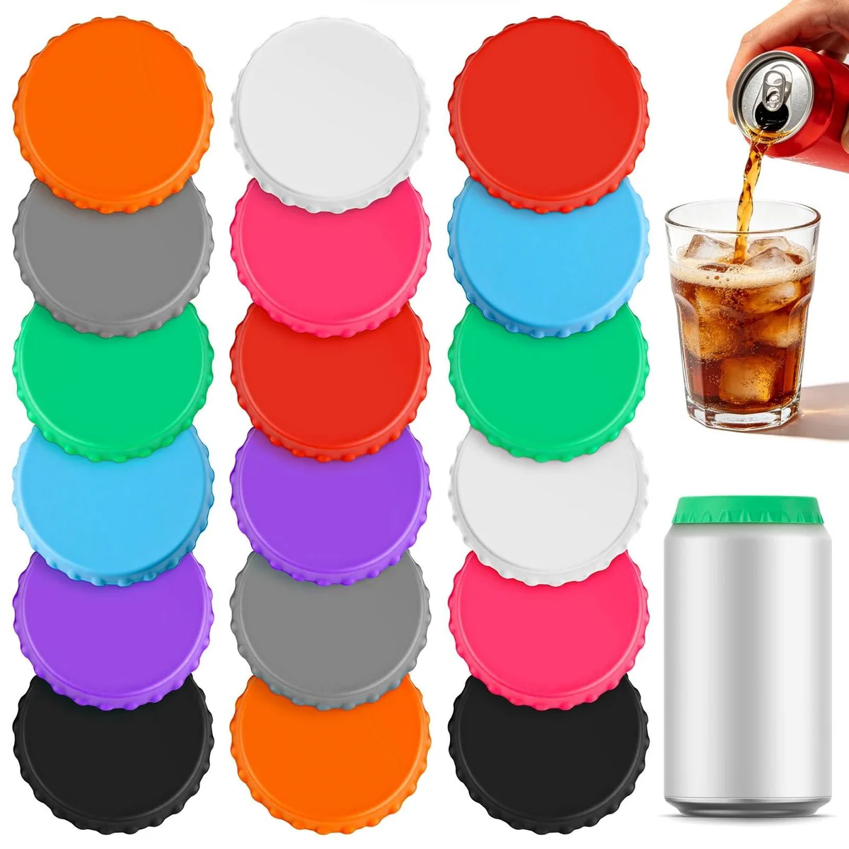 Eighteen round silicone can lids in mixed colours, stacked together