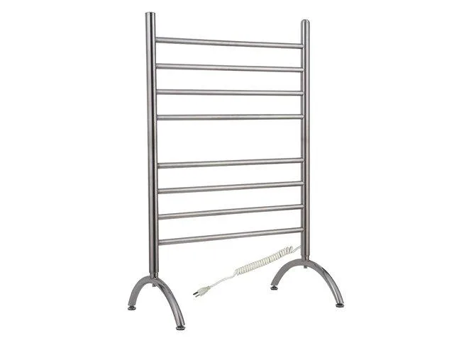 Freestanding towel warmer, brushed stainless steel, arched legs, eight round bars, plug-in