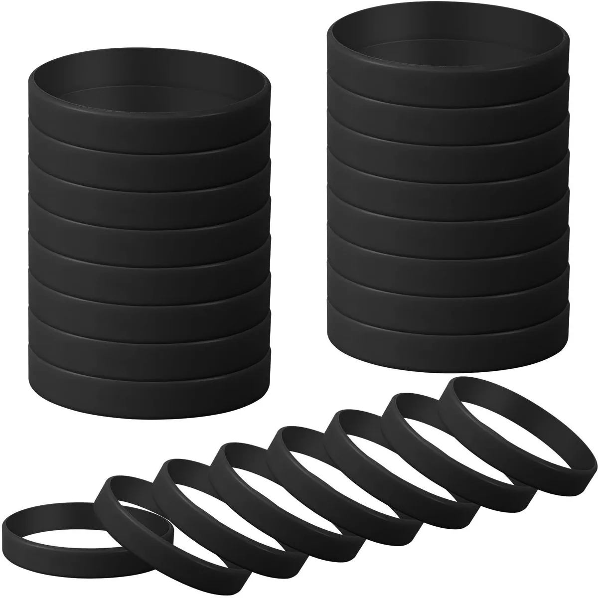 Twenty-four plain black silicone rubber wristbands stacked together