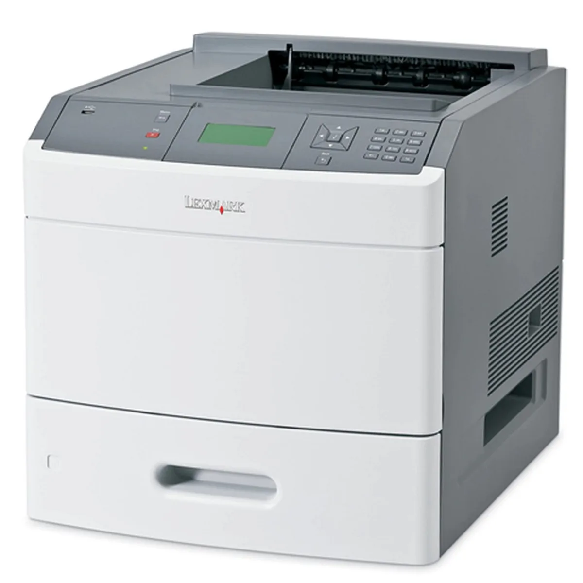White rectangular office laser printer with paper trays and network port