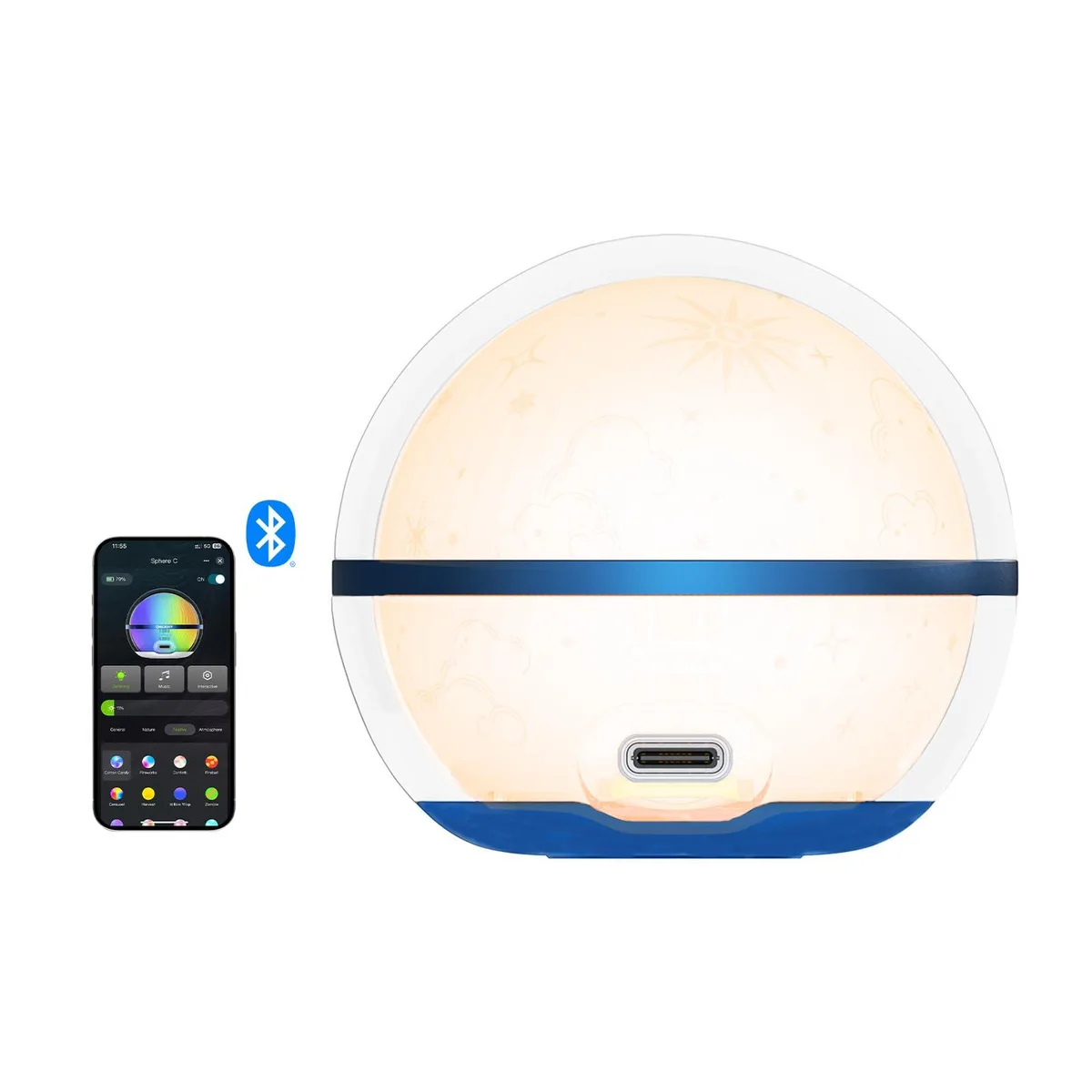 Small white spherical lamp with USB-C port and matte finish