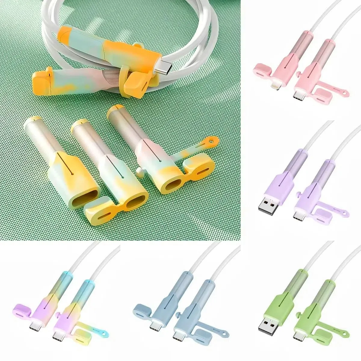 Twelve silicone cable protectors in six colours, each with plastic shell and dust cover