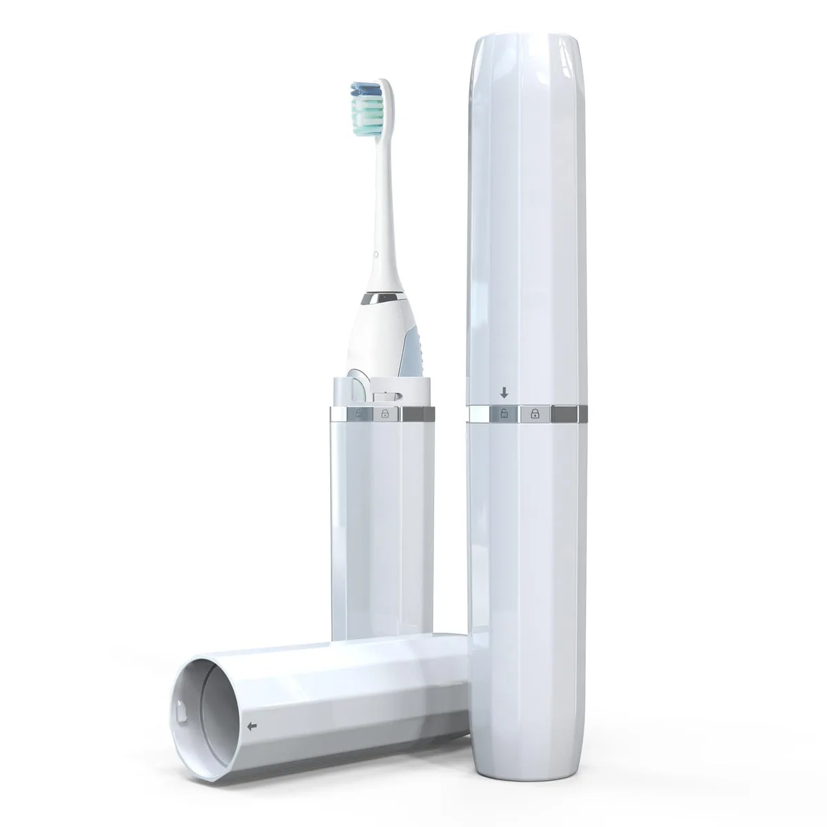 White ventilated travel case with snap-lock closure for electric toothbrush