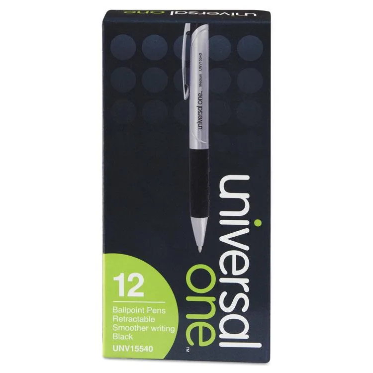UNIVERSAL OFFICE PRODUCTS UNIVERSAL OFFICE PRODUCTS Advanced Ink Retractable Ballpoint Pen Black Ink Silver 1mm Dozen 15540 — product photo