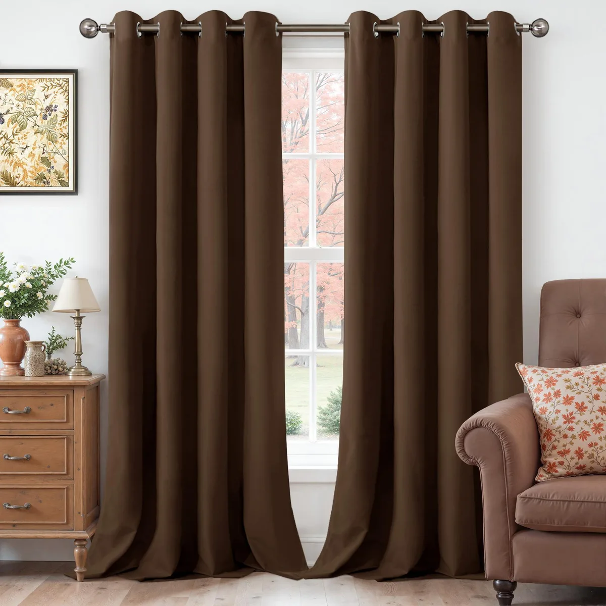Two brown velvet curtain panels with silver grommets