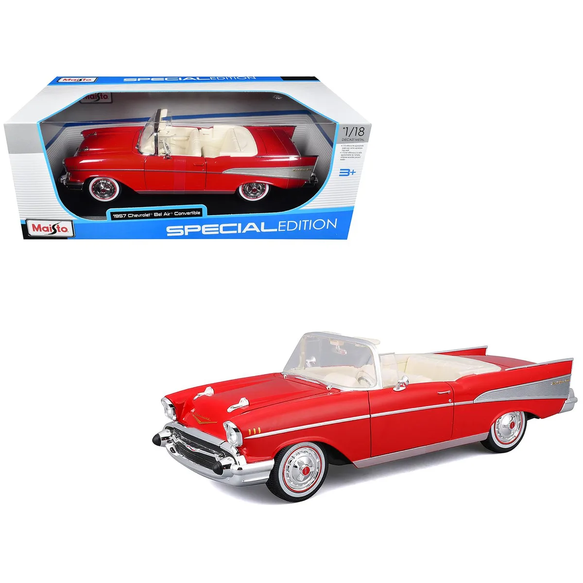 Maisto Maisto 1957 Chevrolet Bel Air Convertible Red White Interior Special Edition 1/18 Diecast Hobby Collectible — product photo