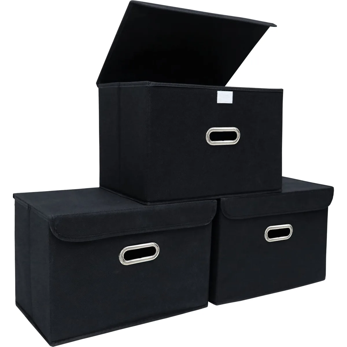 Three black fabric storage cubes with metal handles and lids, folded flat side by side