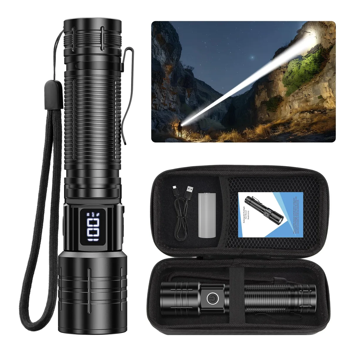 Black cylindrical LED flashlight with digital power display and USB-C port