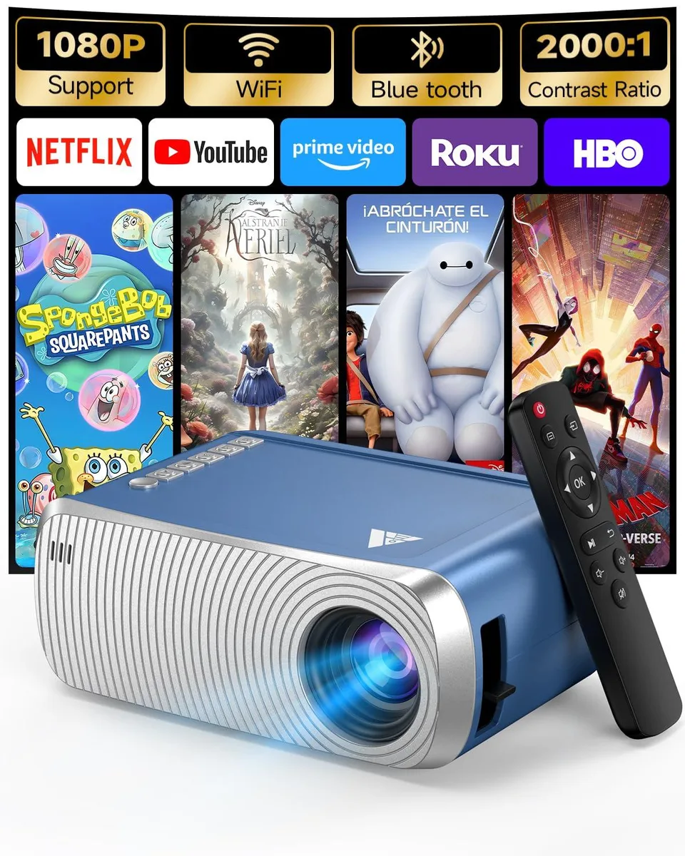 Compact white DLP projector with built-in DVD player