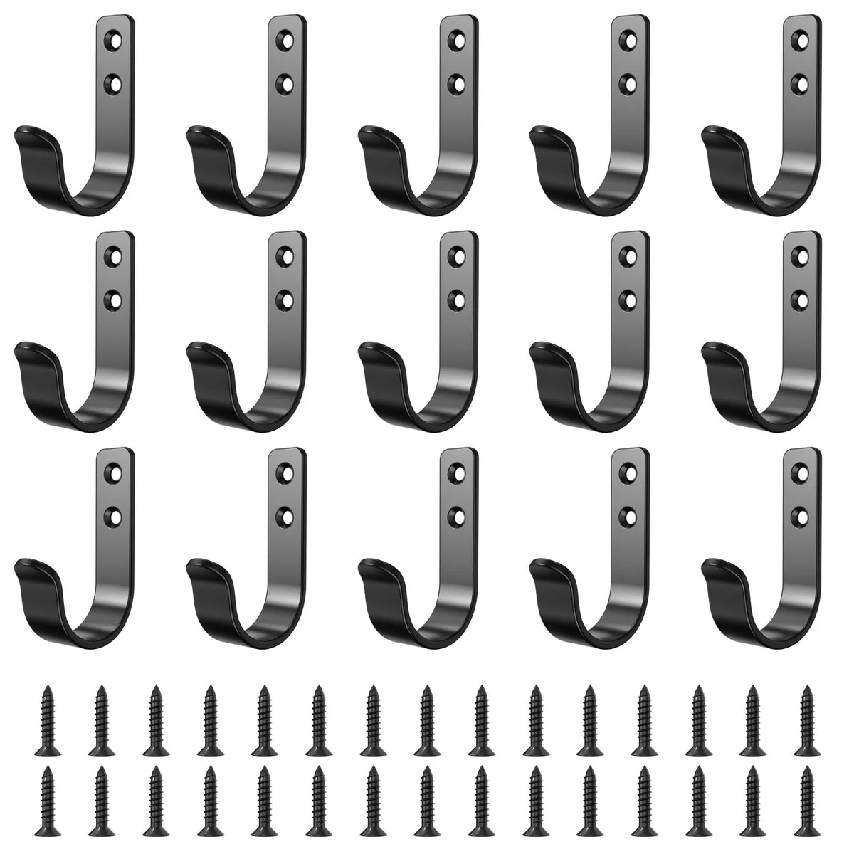Fifteen matte black metal wall mount hooks with screw threads