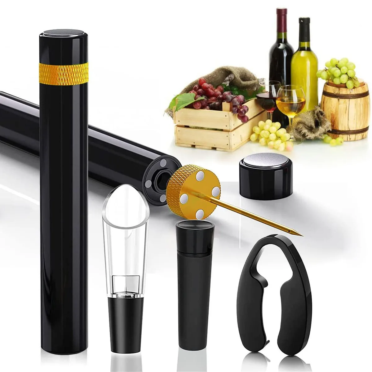 Compact silver air-pump wine opener with foil cutter, aerator pourer and vacuum stopper