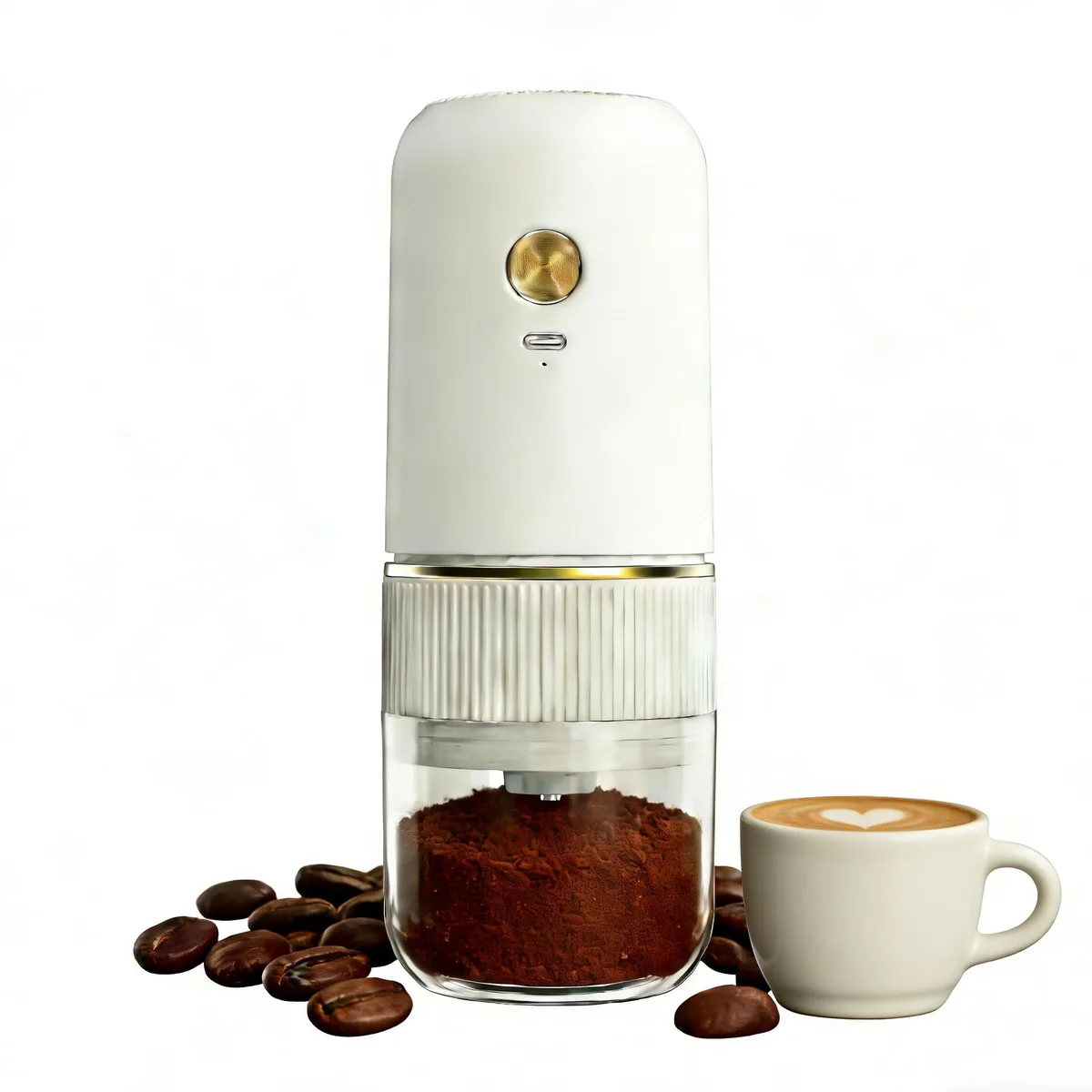 Silver blade coffee grinder, compact cylindrical body, removable bowl, Type-C charging port