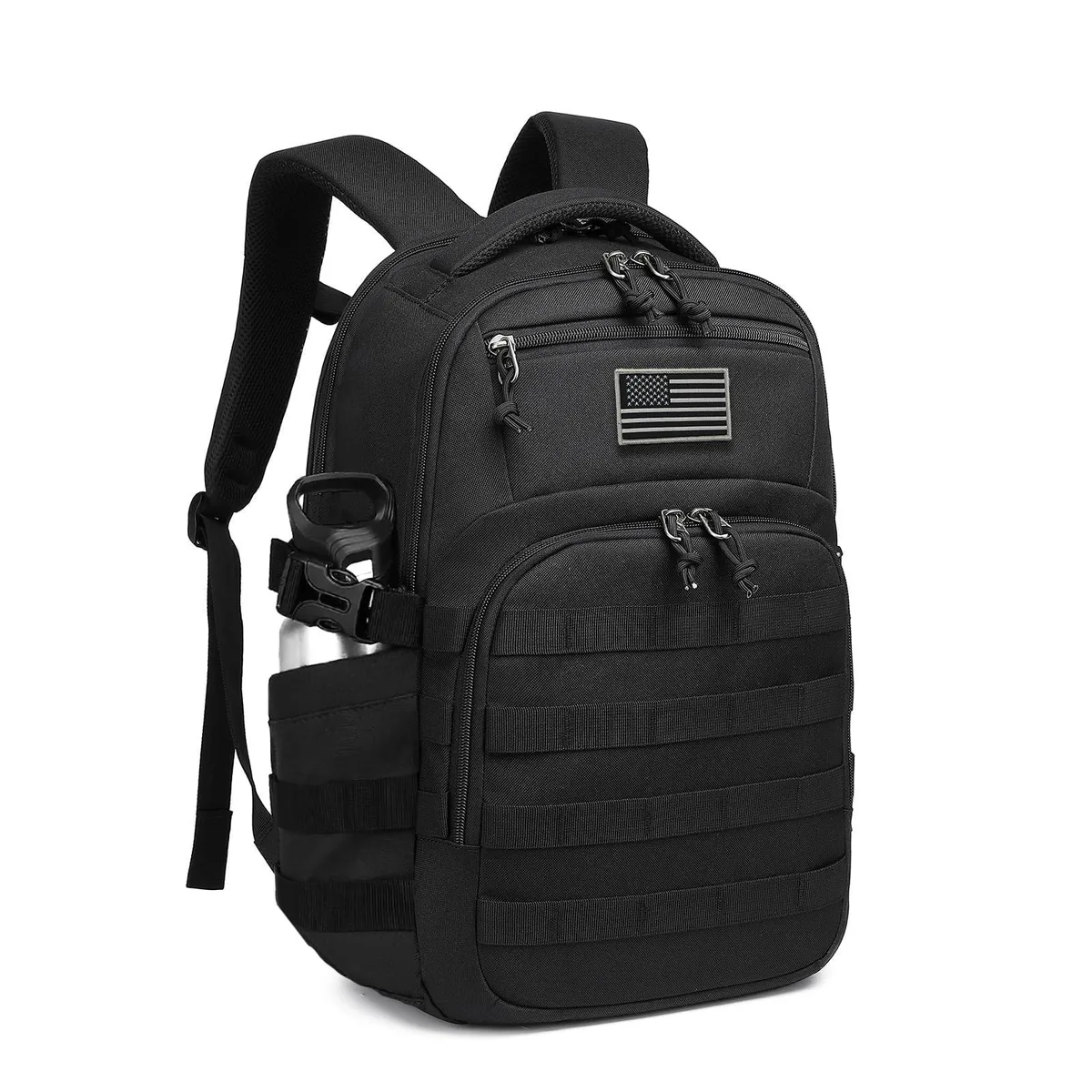 Black tactical backpack with MOLLE webbing, padded shoulder straps and side compression straps