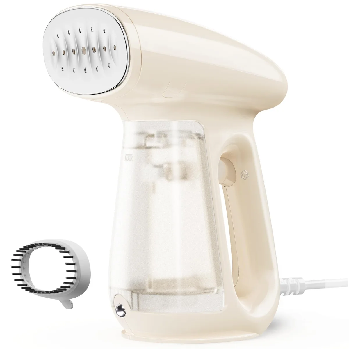 White handheld garment steamer with transparent 230ml water tank and brush attachment