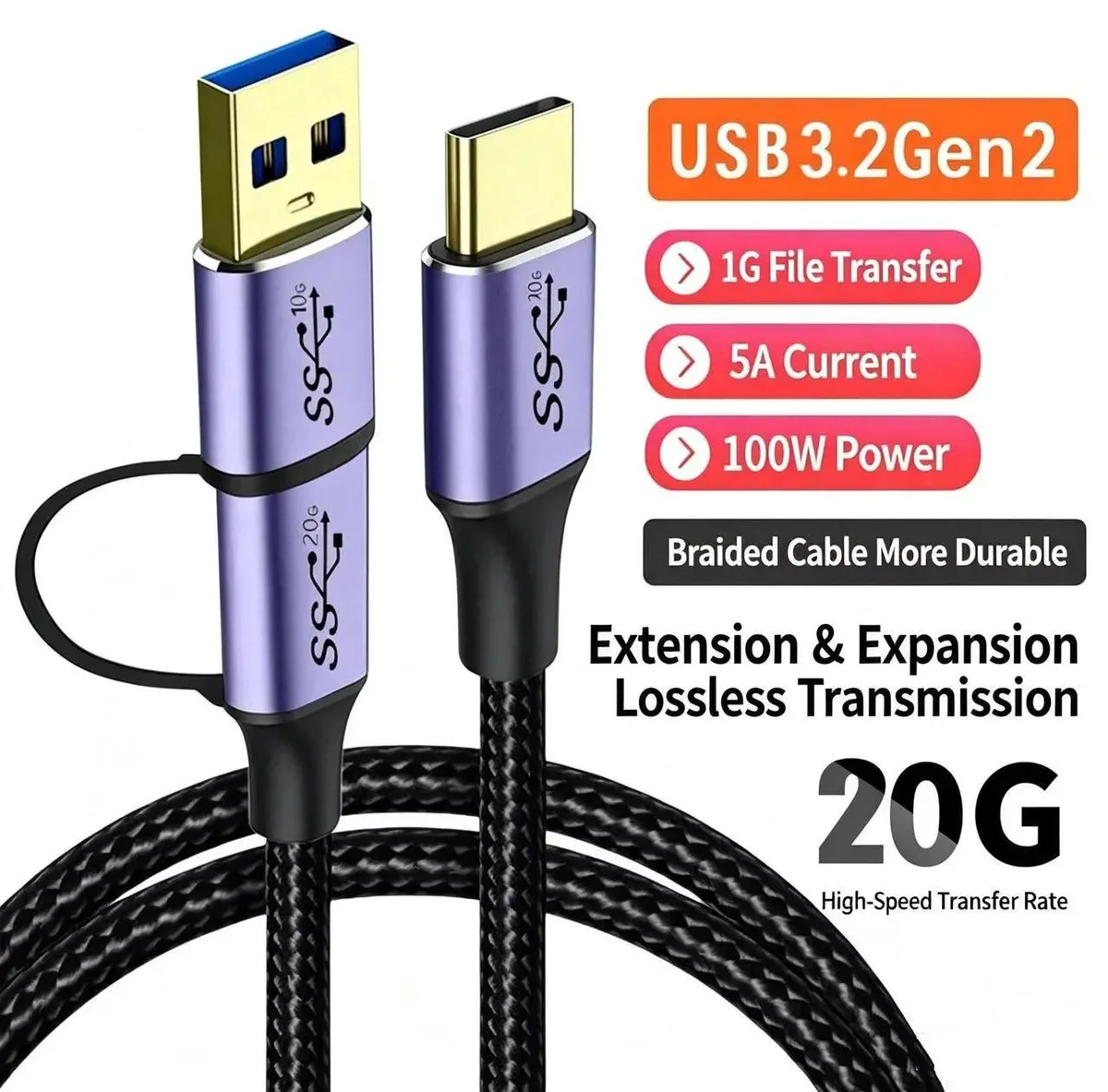 Aomoproing Aomoproing 2 in 1 USB 3.2 Gen2x2 Type-C to Type-C Cable 1M with Detachable USB-A Adapter — product photo
