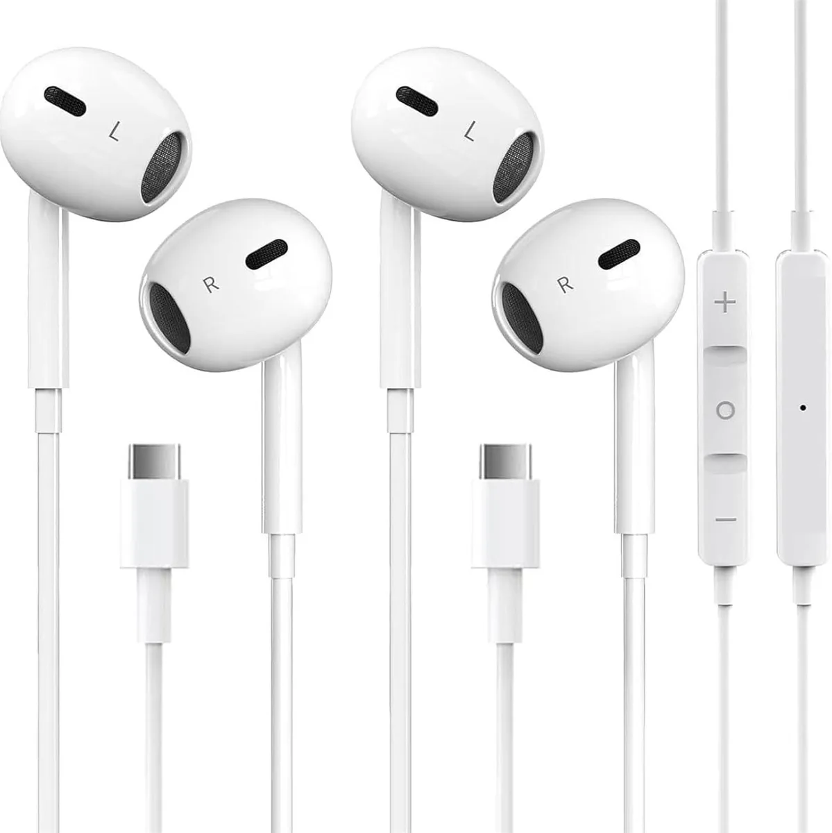 Two white USB-C wired in-ear earbuds with inline mic and remote