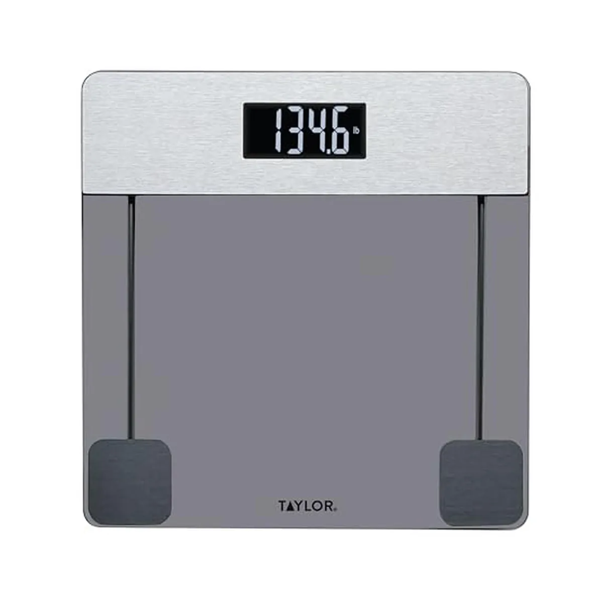 Square tinted blue glass platform with stainless steel accents and vanishing LED display, 12.2 inches wide