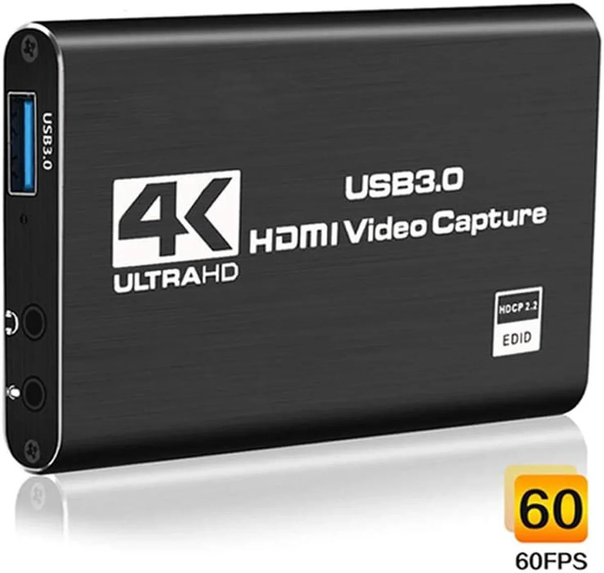 Compact black USB 3.0 capture dongle with HDMI input and loop-out ports