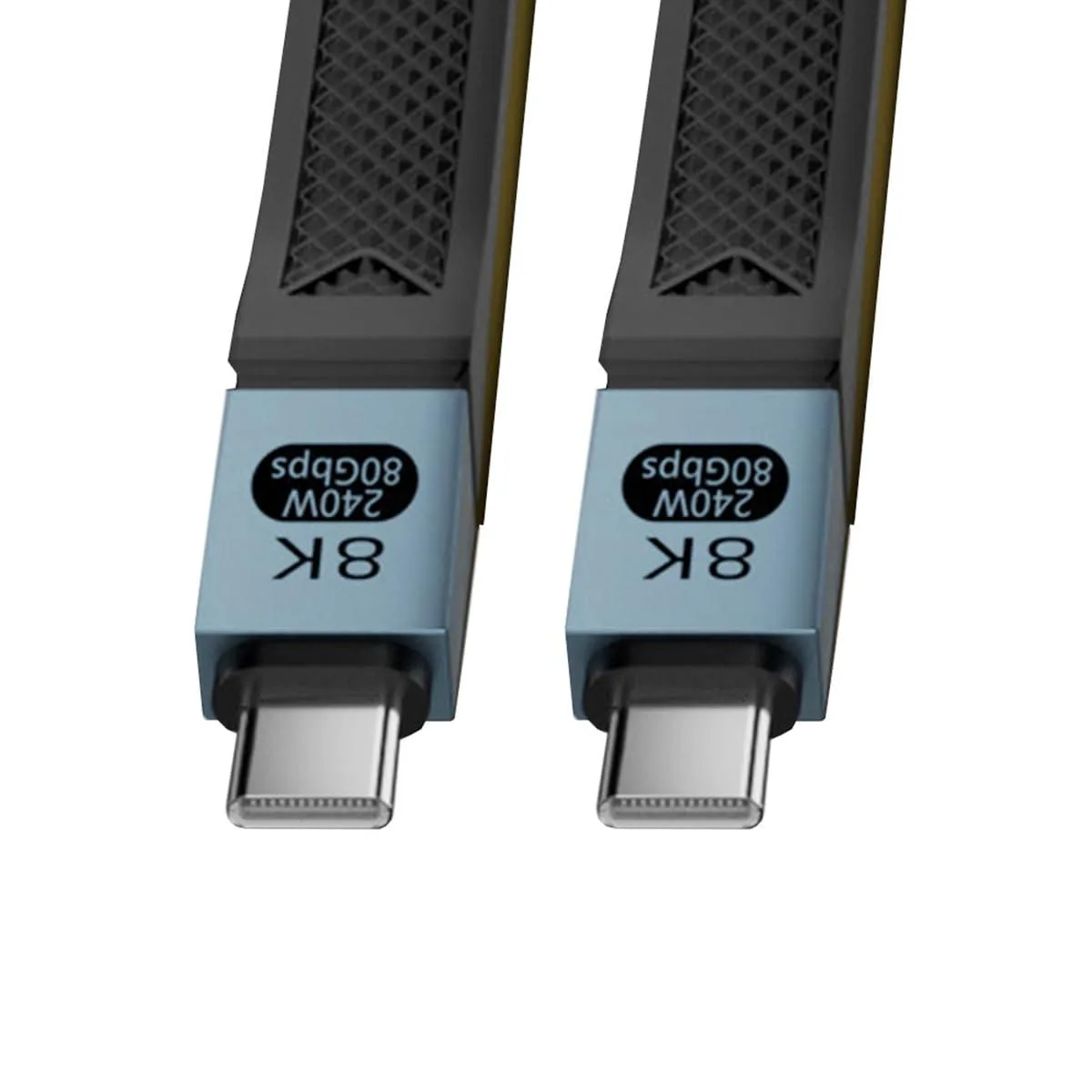 Short black flat USB-C to USB-C cable with E-Mark chip, 13cm long