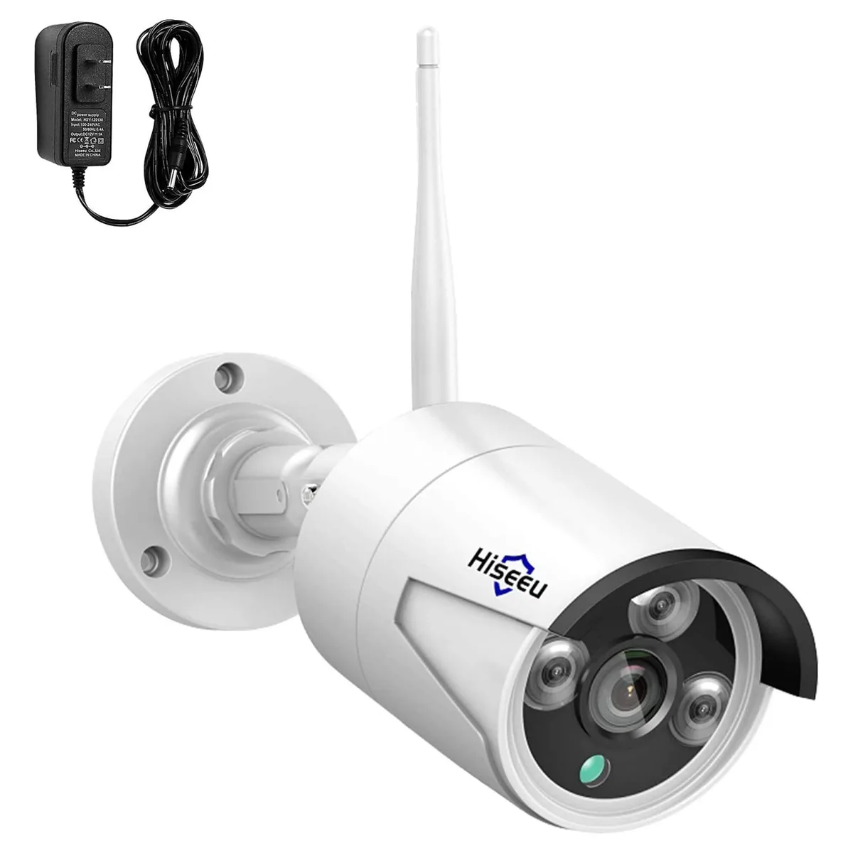 White bullet camera with 3.6mm lens and three IR LEDs, wall-mount bracket, 12V power adapter included