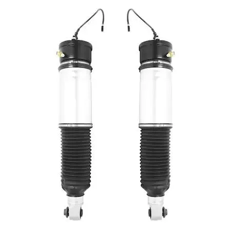 Two silver rear air strut assemblies with black bellows and electronic connectors side by side