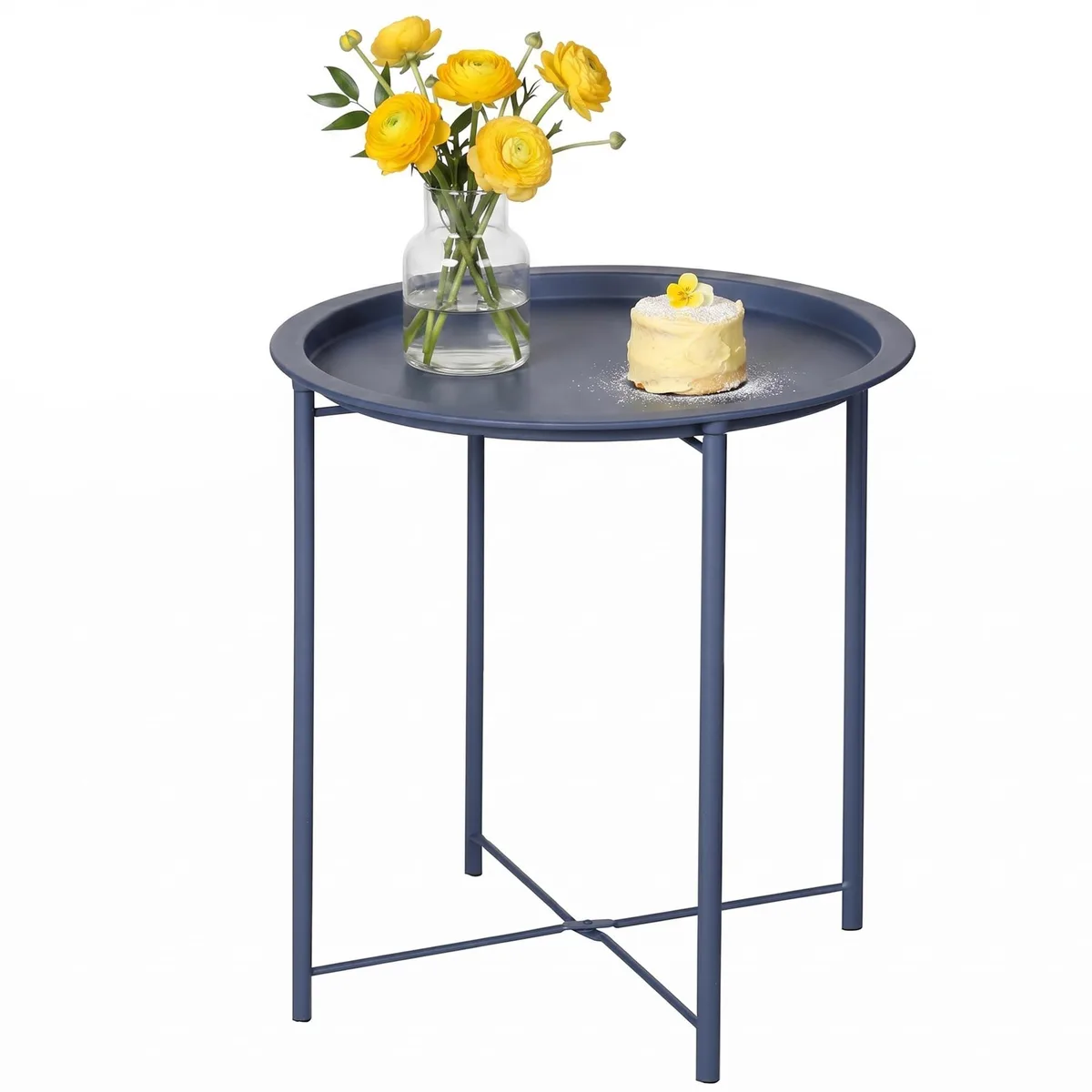 Blue round folding metal side table with removable tray, 18.5 in diameter