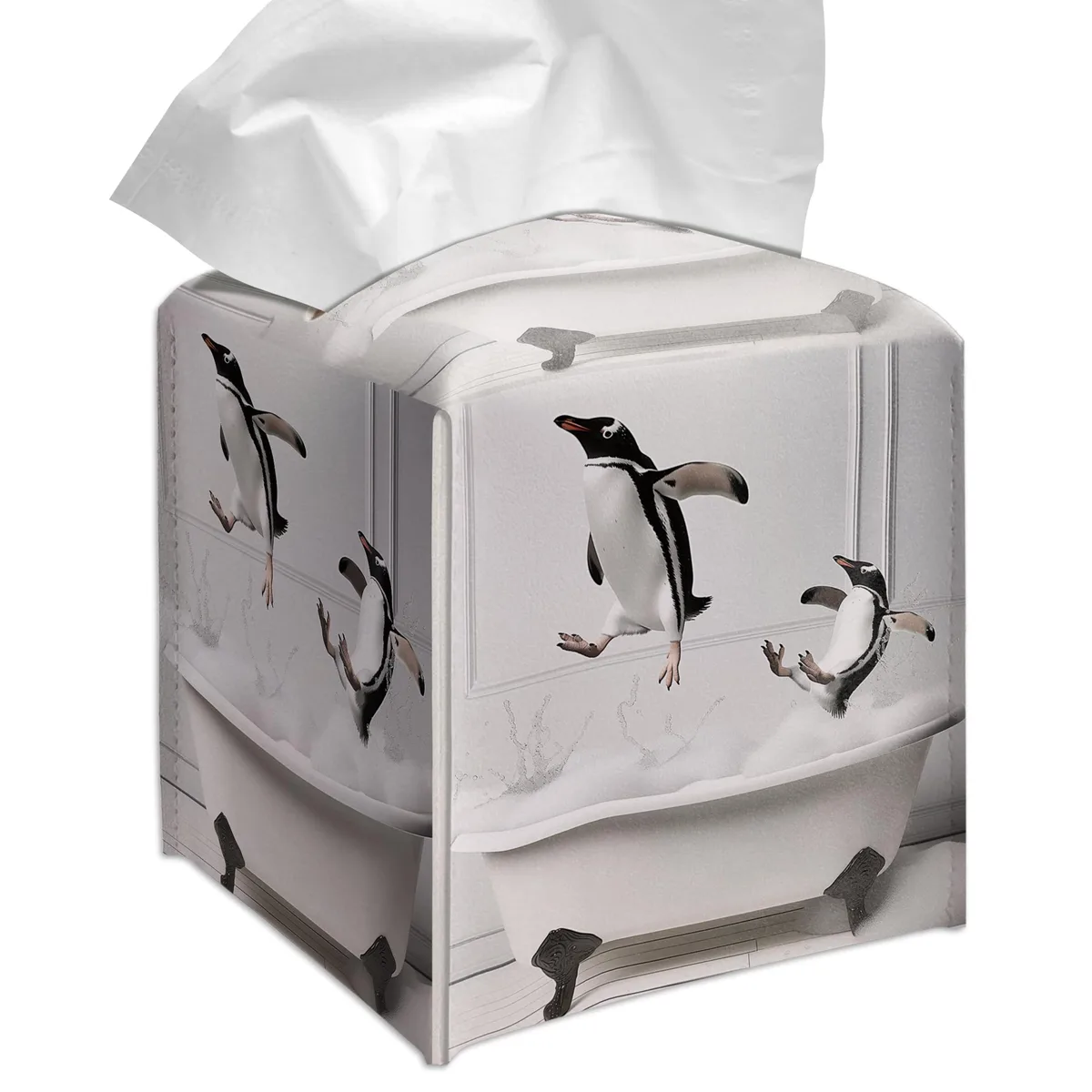 Square PU leather tissue box cover with penguin bubble bath design, 5.2 inch fit