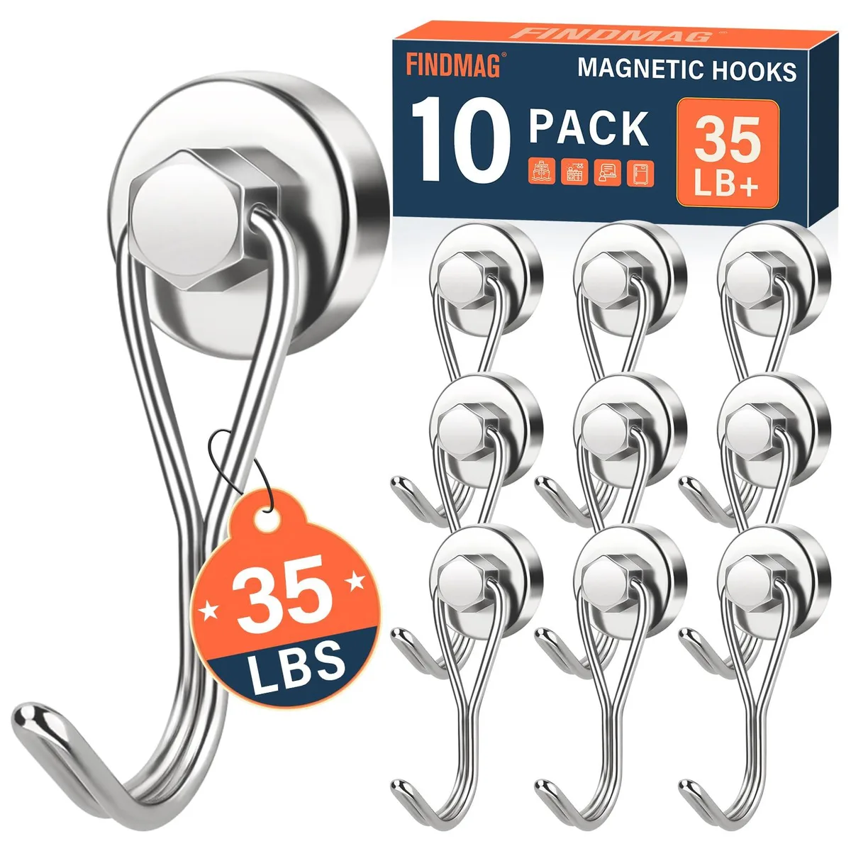 Ten silver magnetic hooks with 180-degree swivel heads on a metal surface