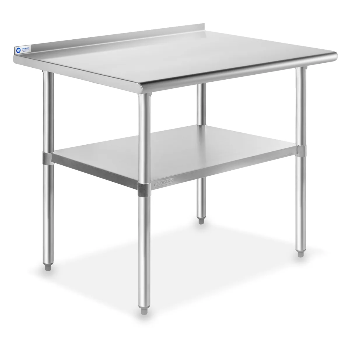 Rectangular stainless steel prep table with backsplash and undershelf on galvanised legs