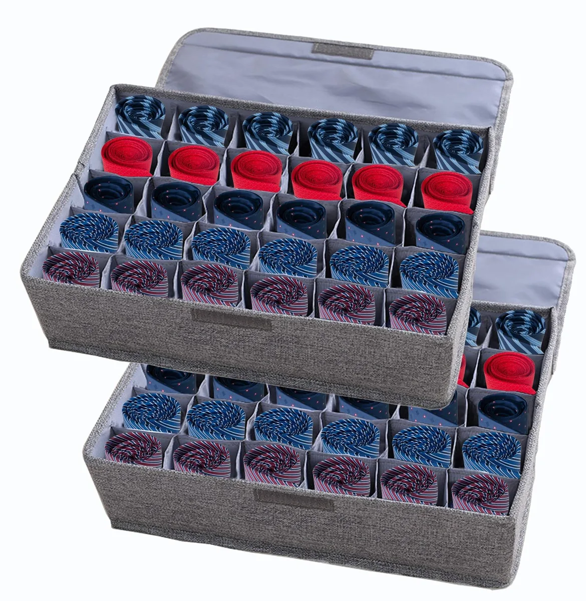 Two gray fabric drawer organizers with lids, each with 30 cells, folded flat showing cotton linen finish