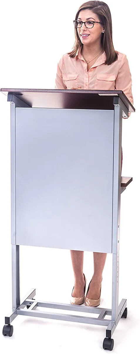 DIVI DIVI Mobile Adjustable Height Rolling Lectern Podium Silver Frame/Dark Walnut Shelves 25.5" Wide — product photo