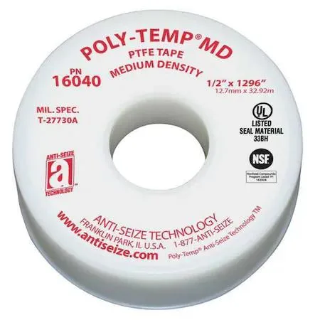 White PTFE thread sealant tape roll half inch wide one hundred eight feet long