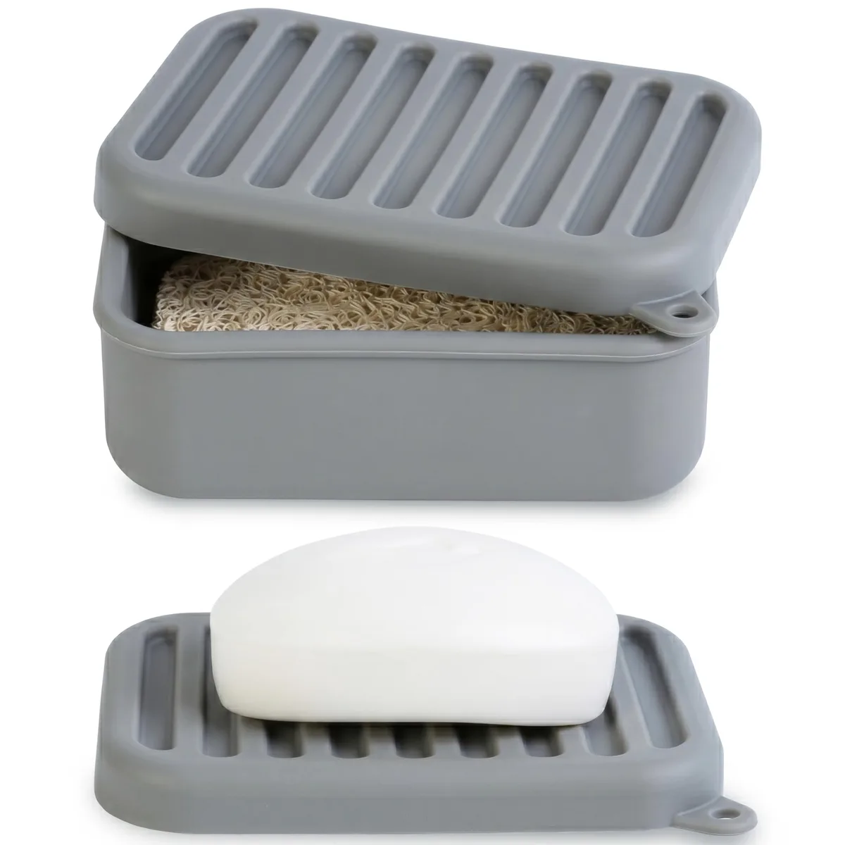 Deep-grey silicone soap case with drainage layer and secure lid