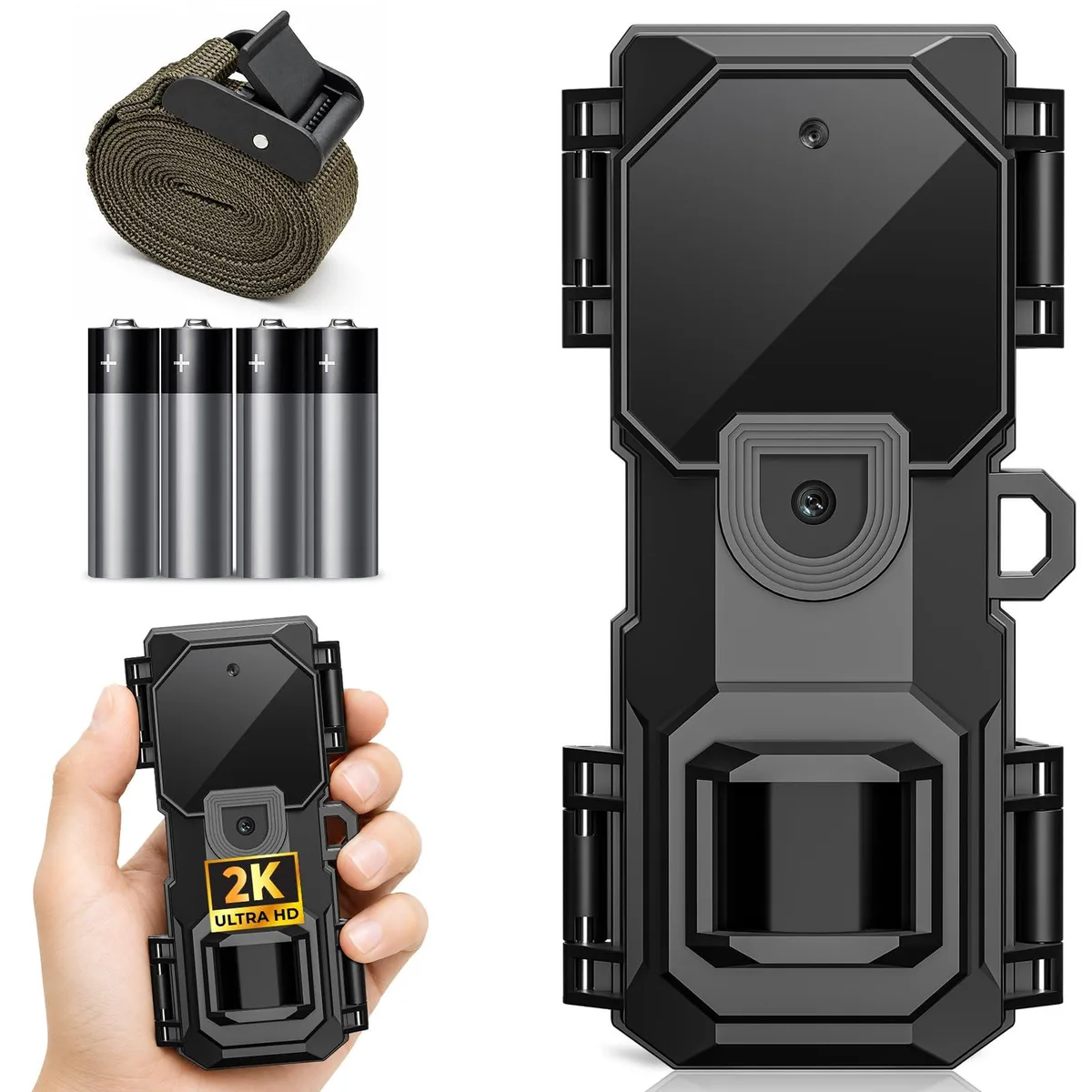 Compact camouflage trail camera with mounting strap, IP66 rated