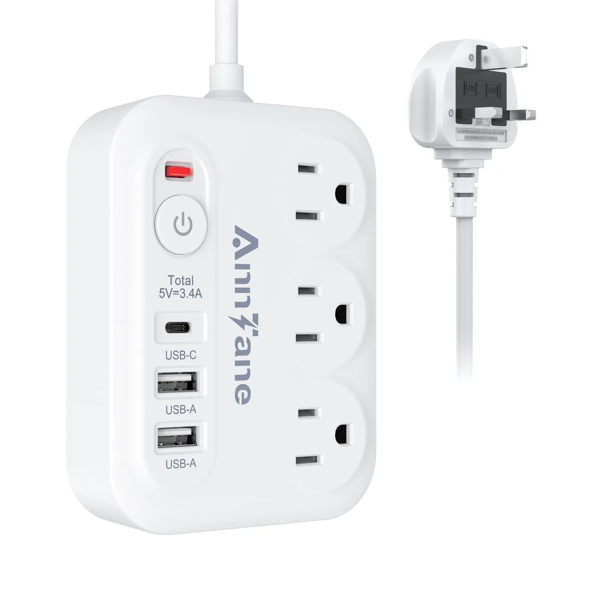 White UK travel adapter with three AC outlets three USB ports and a six foot cord